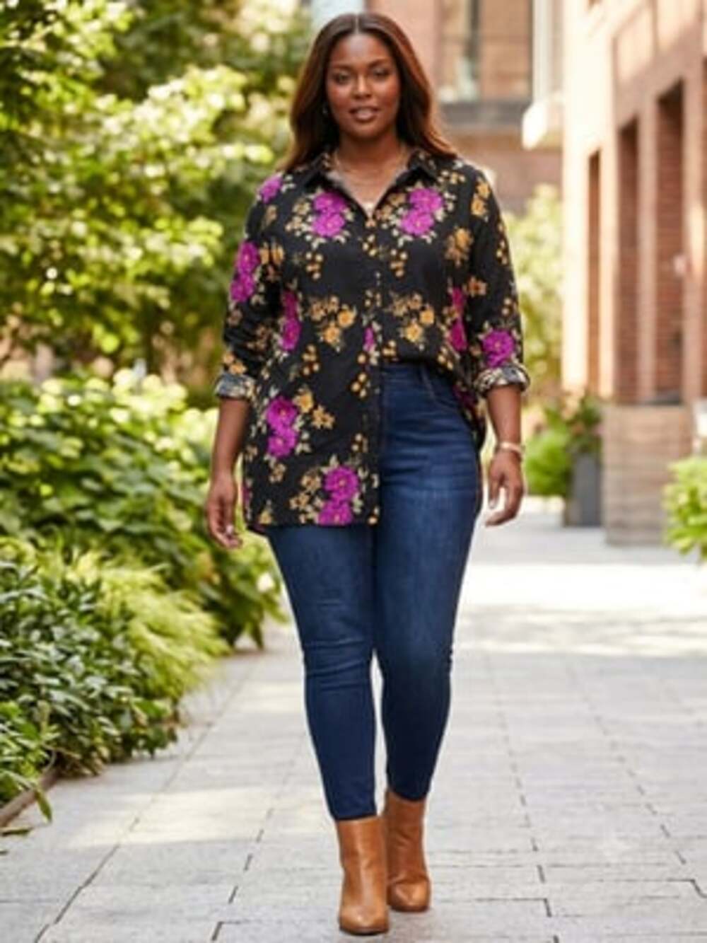 Jessica London Women's 26W Floral Button Up Tunic Top Black Pink Yellow Cotton